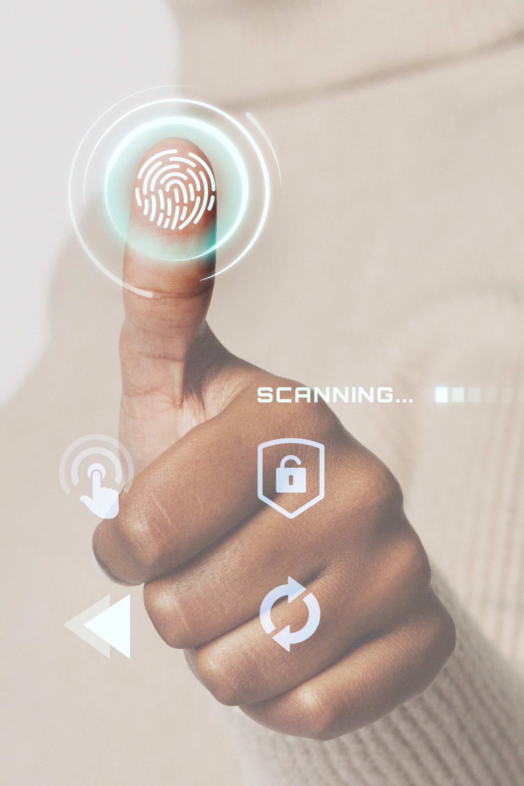 Woman scanning fingerprint with futuristic interface smart techn Woman scanning fingerprint with futuristic interface smart technology